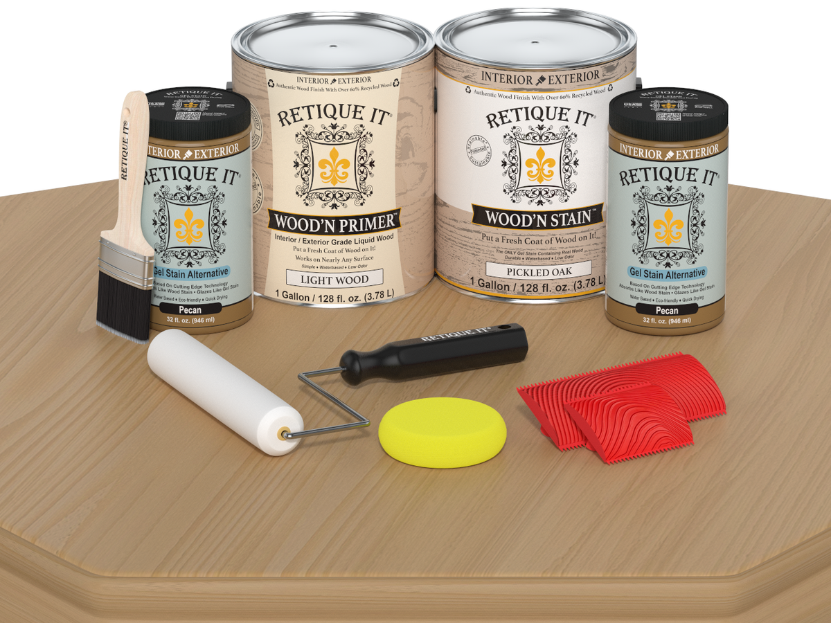 Retique It wood care products including primer, stain, and applicators on a wooden surface.