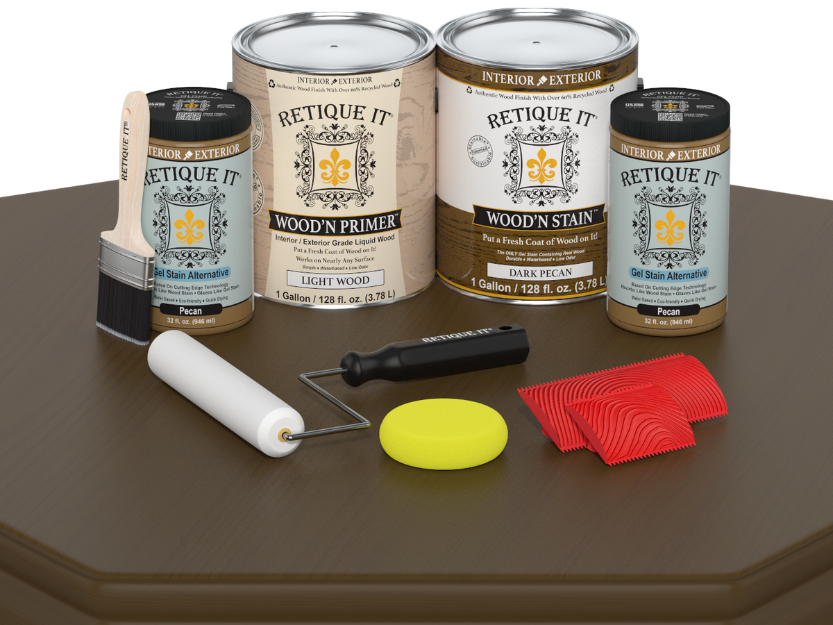 Retique It wood stain and primer products with applicators on a brown surface