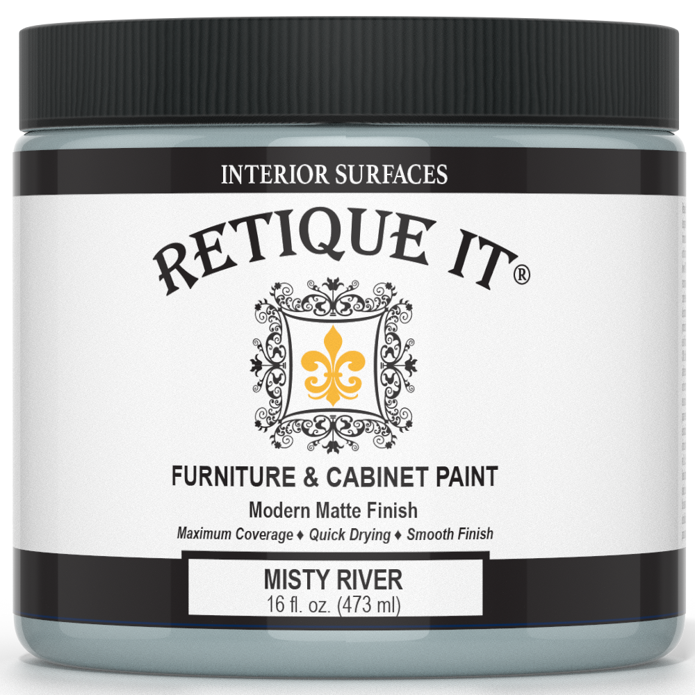 Jar of Retique It furniture and cabinet paint in Misty River color