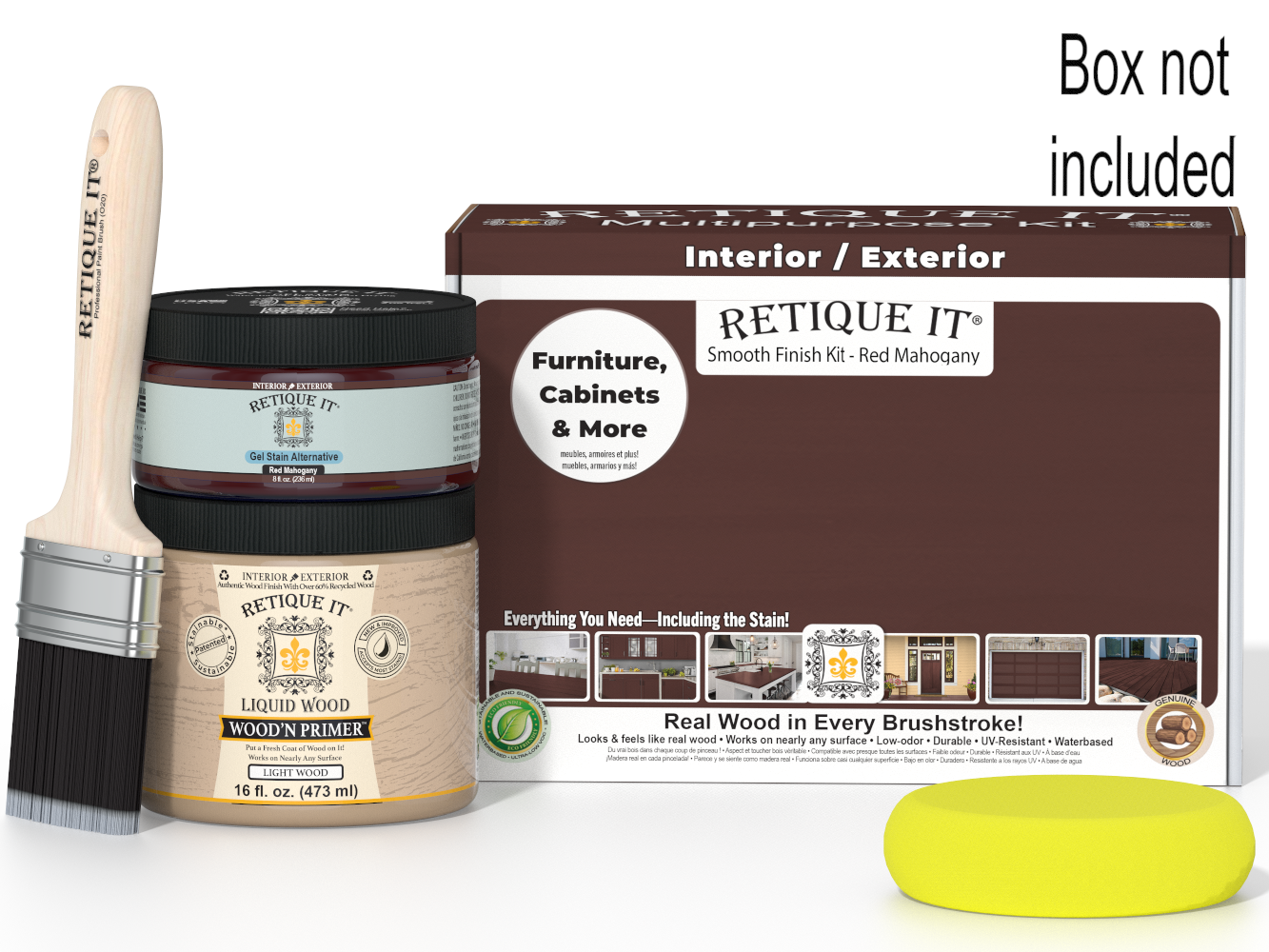 Retique It paint kit with a brush, jar of wood primer, and packaging on a white background
