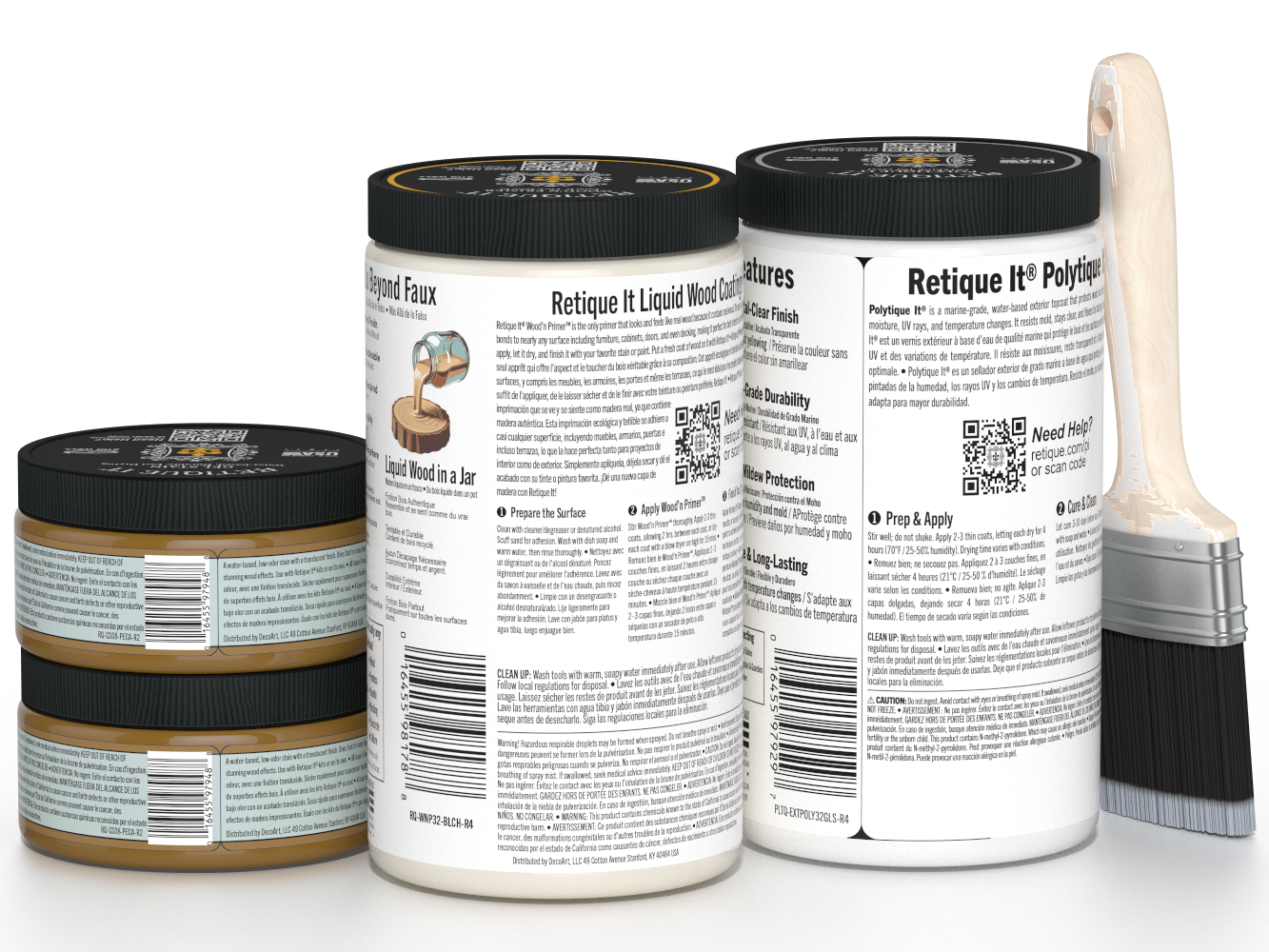 Three jars of a product with labels and a paintbrush on a white background