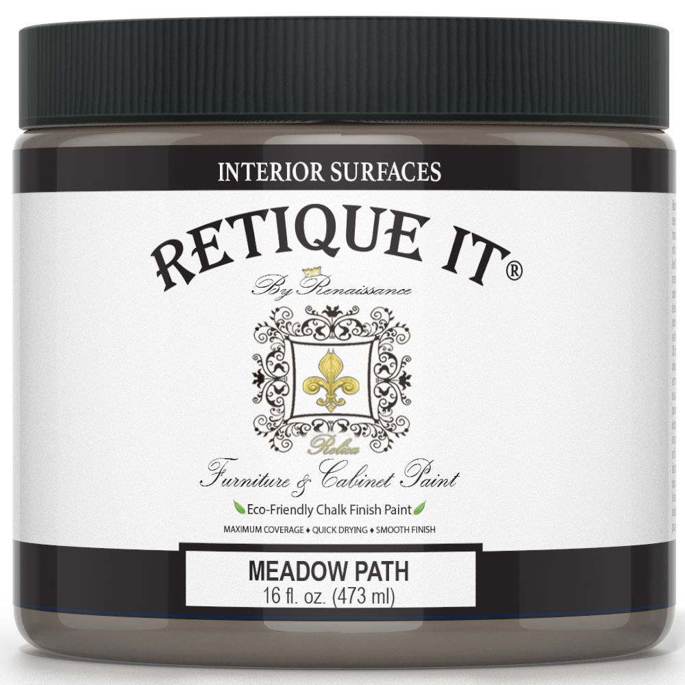 Jar of Retique It furniture paint in Meadow Path color with black lid and label.