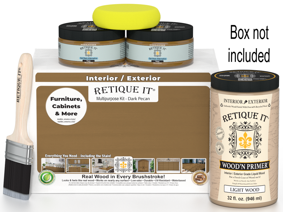 Retique It paint kit with wood primer, paintbrush, and packaging on a white background