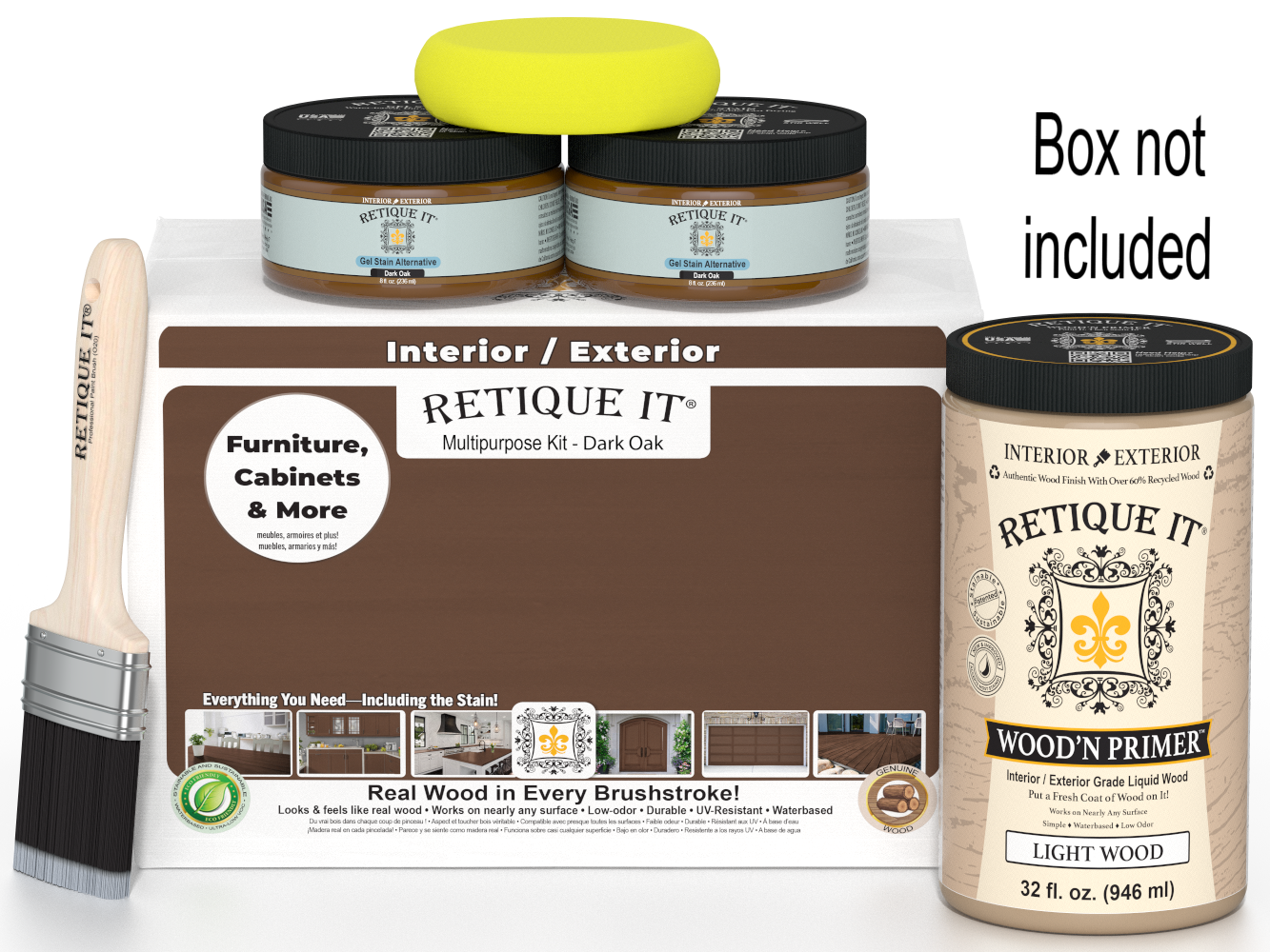 Retique It wood finish kit with primer, stain, and brush on a white background