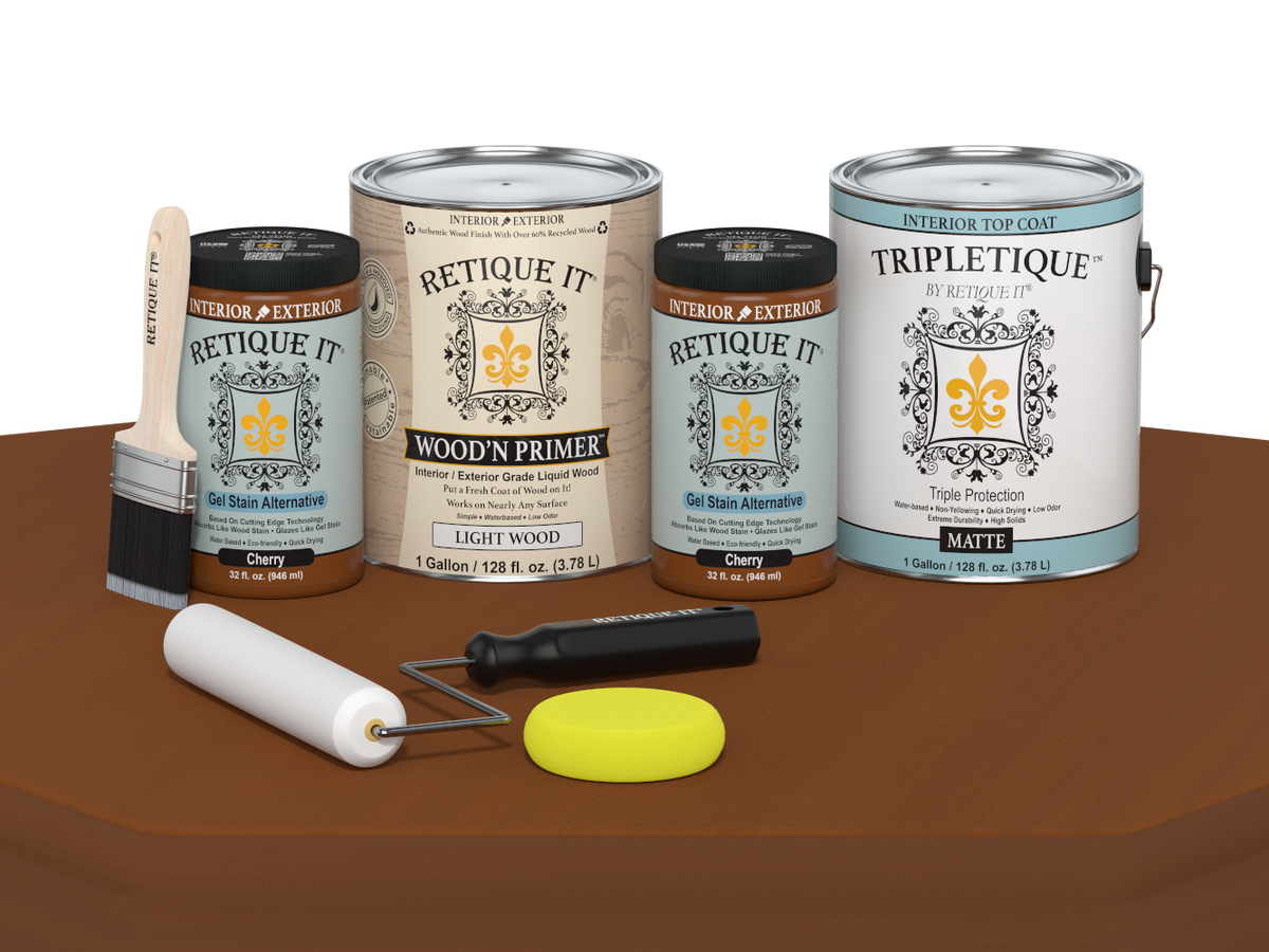 Paint cans and painting tools on a brown surface
