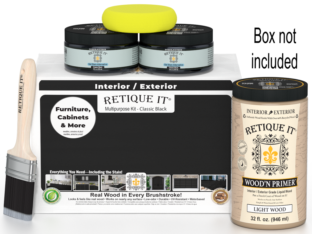 Retique It paint kit with primer, brushes, and packaging on a white background
