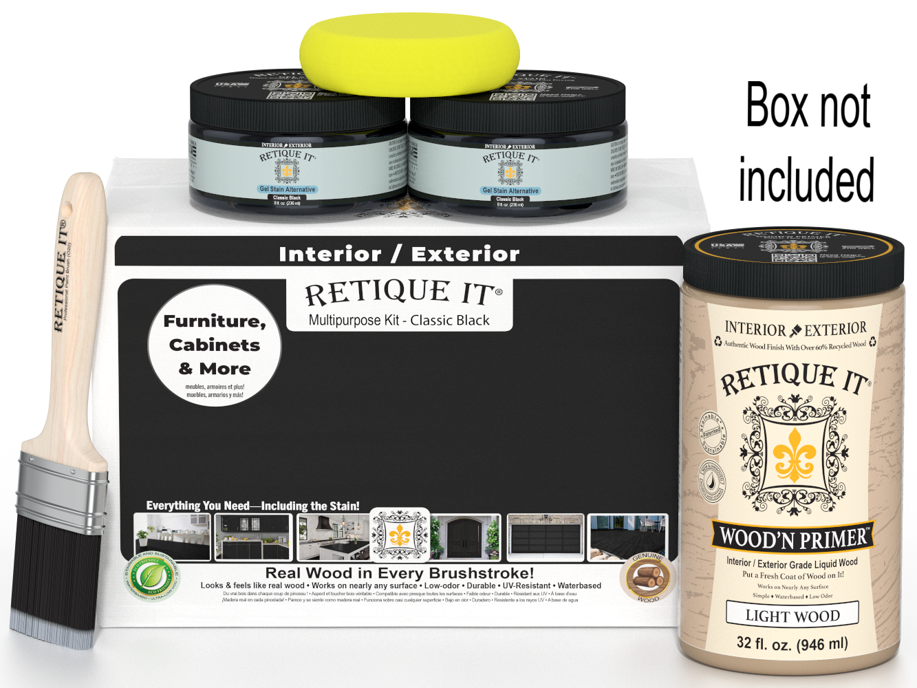 Retique It paint kit with primer, brushes, and packaging on a white background