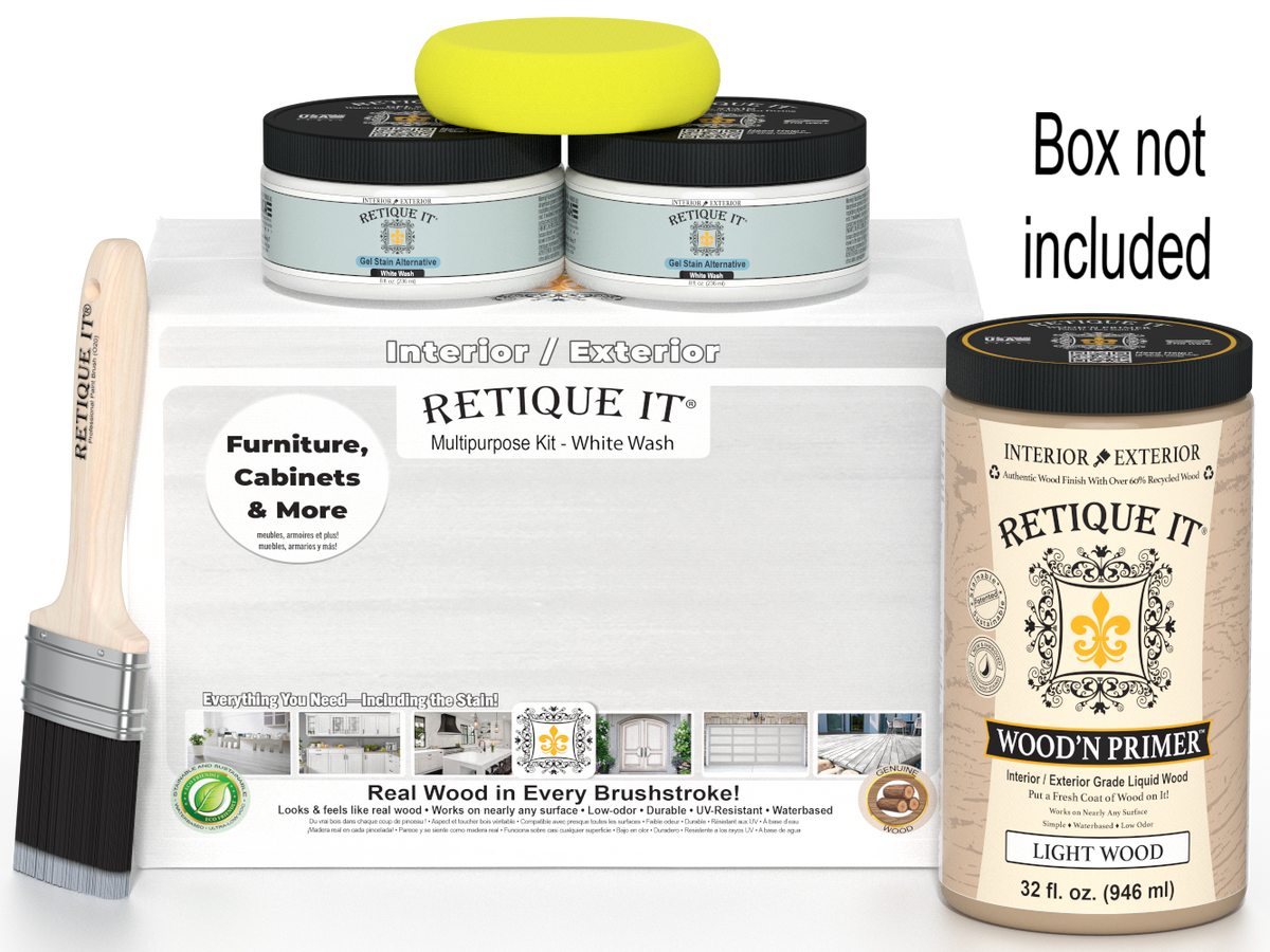Retique It paint kit with primer, paint, and brush on a white background