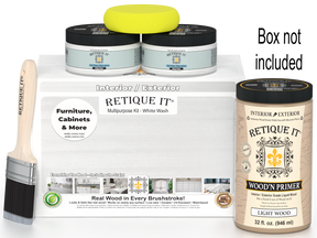 Retique It paint kit with primer, paint, and brush on a white background