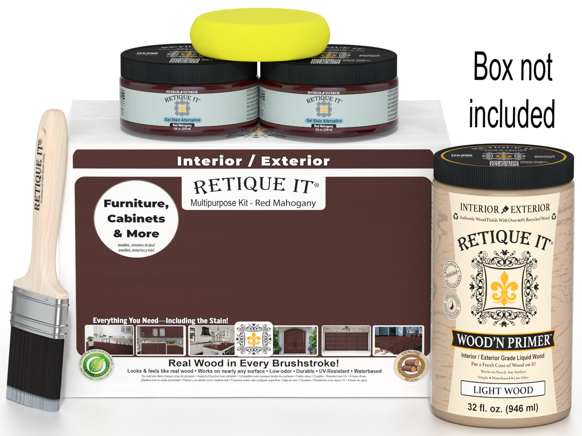 Retique It paint kit with paint cans, a brush, and packaging on a white background.