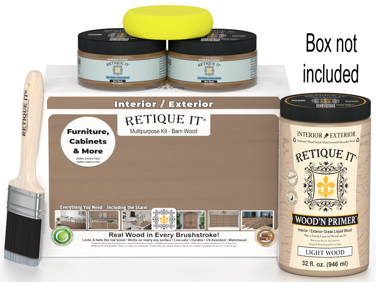 Retique It paint kit with wood primer, paintbrush, and sample on a white background