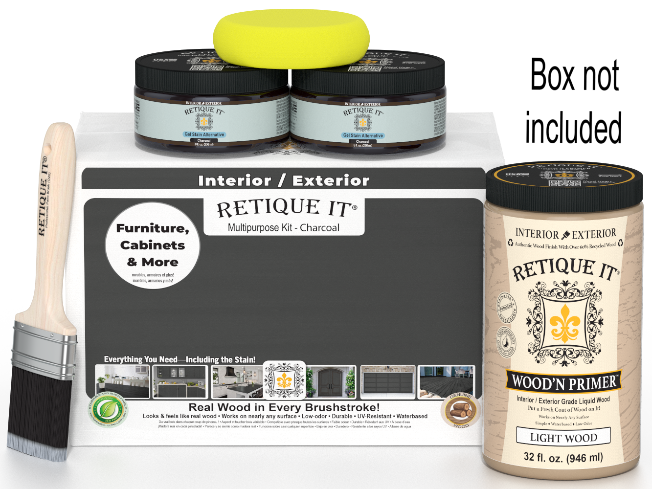 Retique It paint kit with primer, stir stick, and sponges on a white background