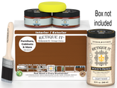 Retique It paint kit with wood primer, jars, and a brush on a white background