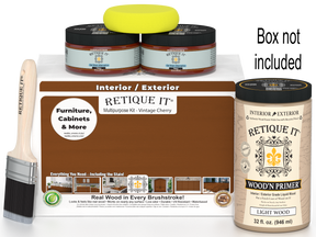 Retique It paint kit with wood primer, jars, and a brush on a white background