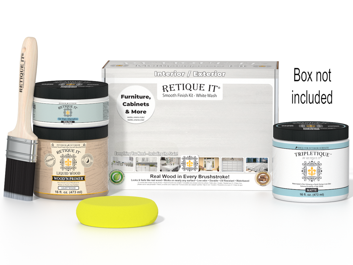 Painting supplies including a paintbrush, paint containers, and a box labeled 'Retique It' on a white background.