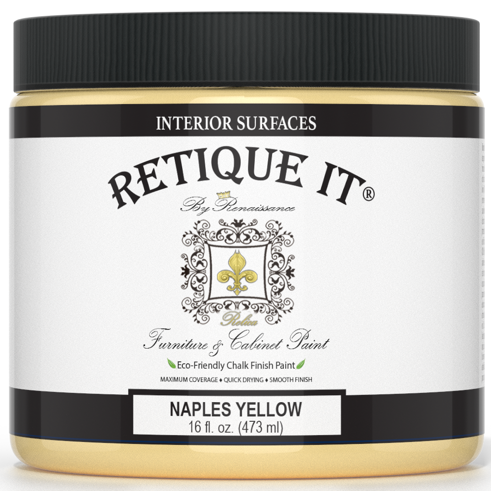 Retique It by Renaissance Furniture & Cabinet Paint in Naples Yellow, 16 oz jar, eco-friendly chalk finish paint for interior surfaces.