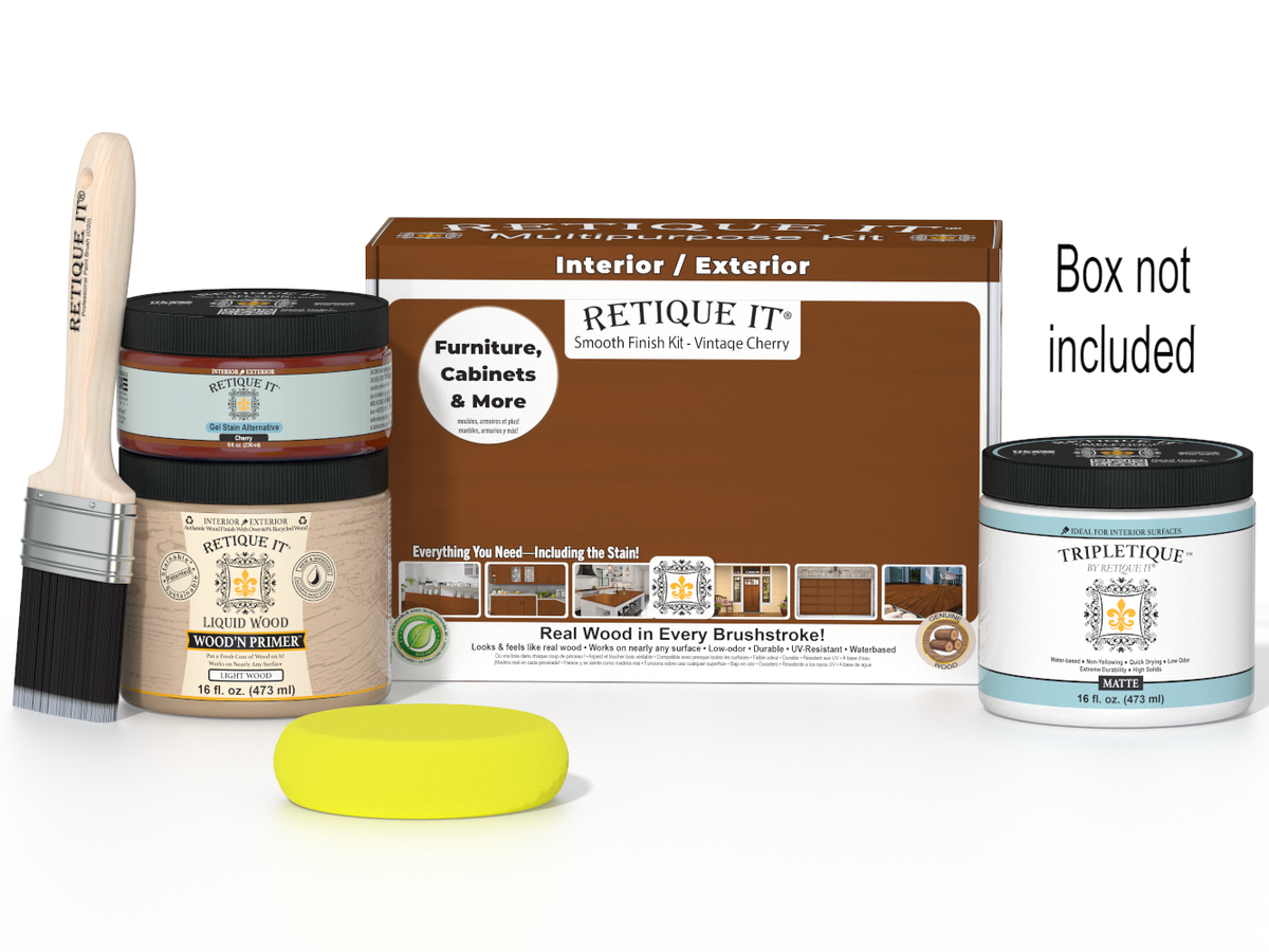 Furniture care product set with paint, brush, and box on a white background