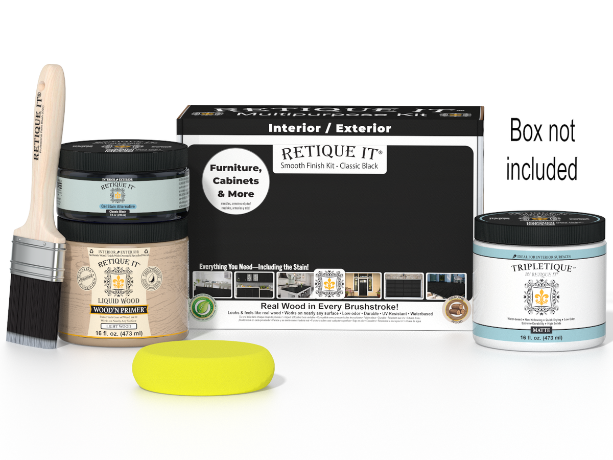 Painting supplies including a paintbrush, paint containers, and a box labeled 'Retique It' on a white background.