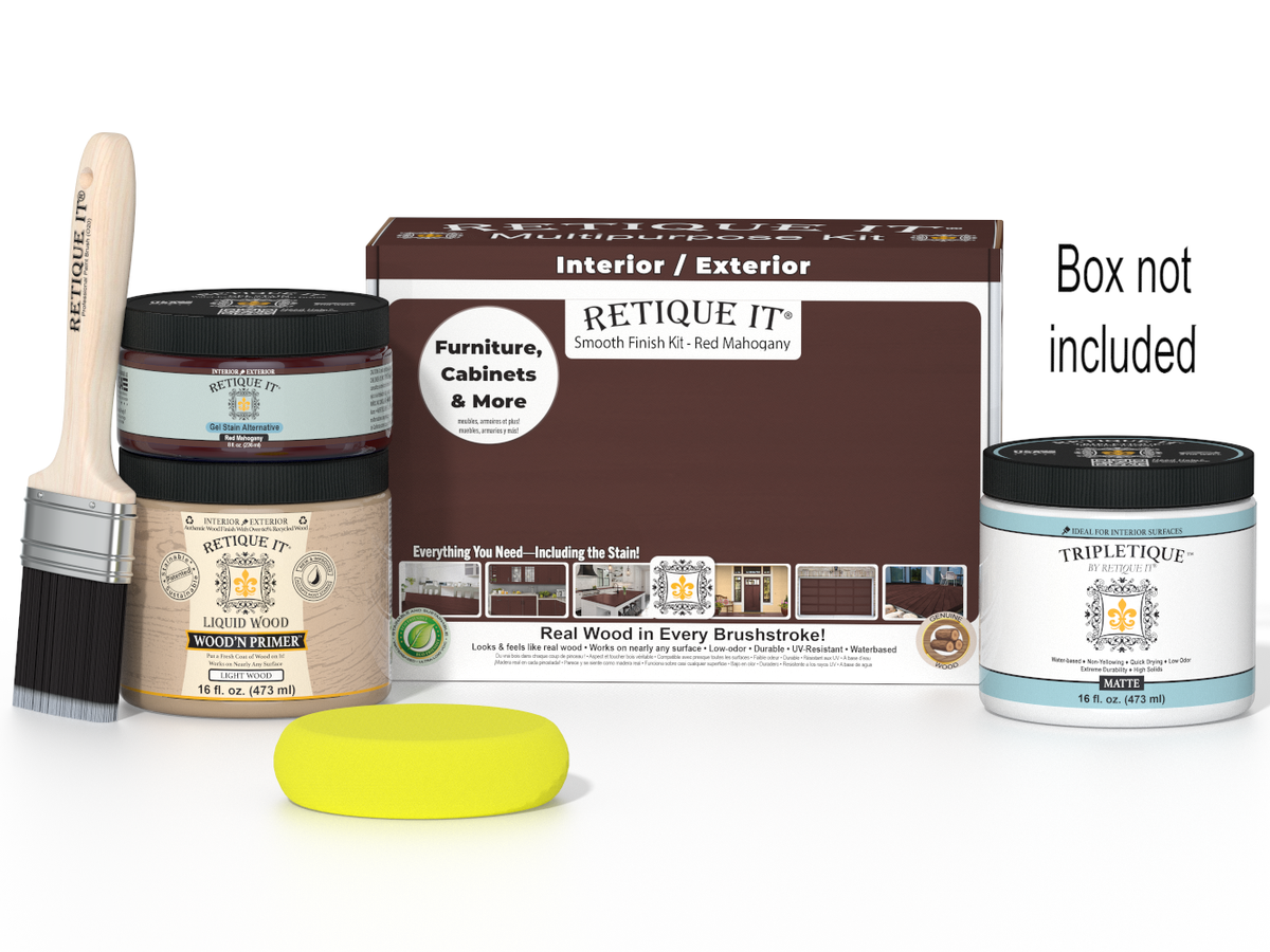 Painting supplies including a paintbrush, paint containers, and a box labeled 'Retique It' on a white background.