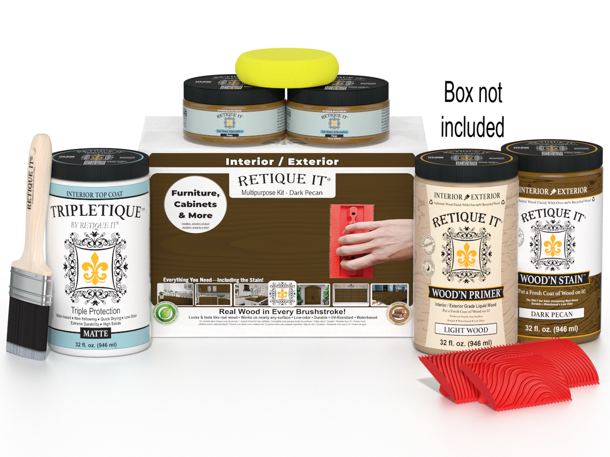 Wooden finish products including paint cans and a brush with a box labeled 'Retique It' on a white background.
