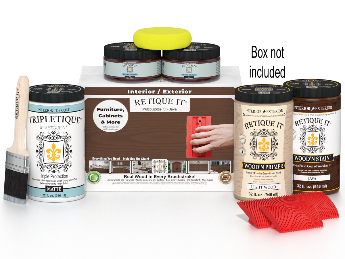 Large Java Wood'n Finish Kit by Retique It® for interior wood projects, featuring wood stain and top coat components.