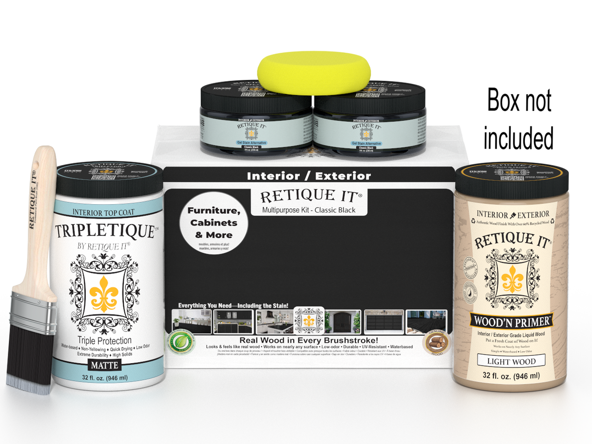 Painting supplies including paint cans, a brush, and a box labeled 'Retique It' on a white background.