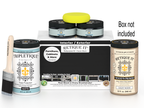 Painting supplies including paint cans, a brush, and a box labeled 'Retique It' on a white background.