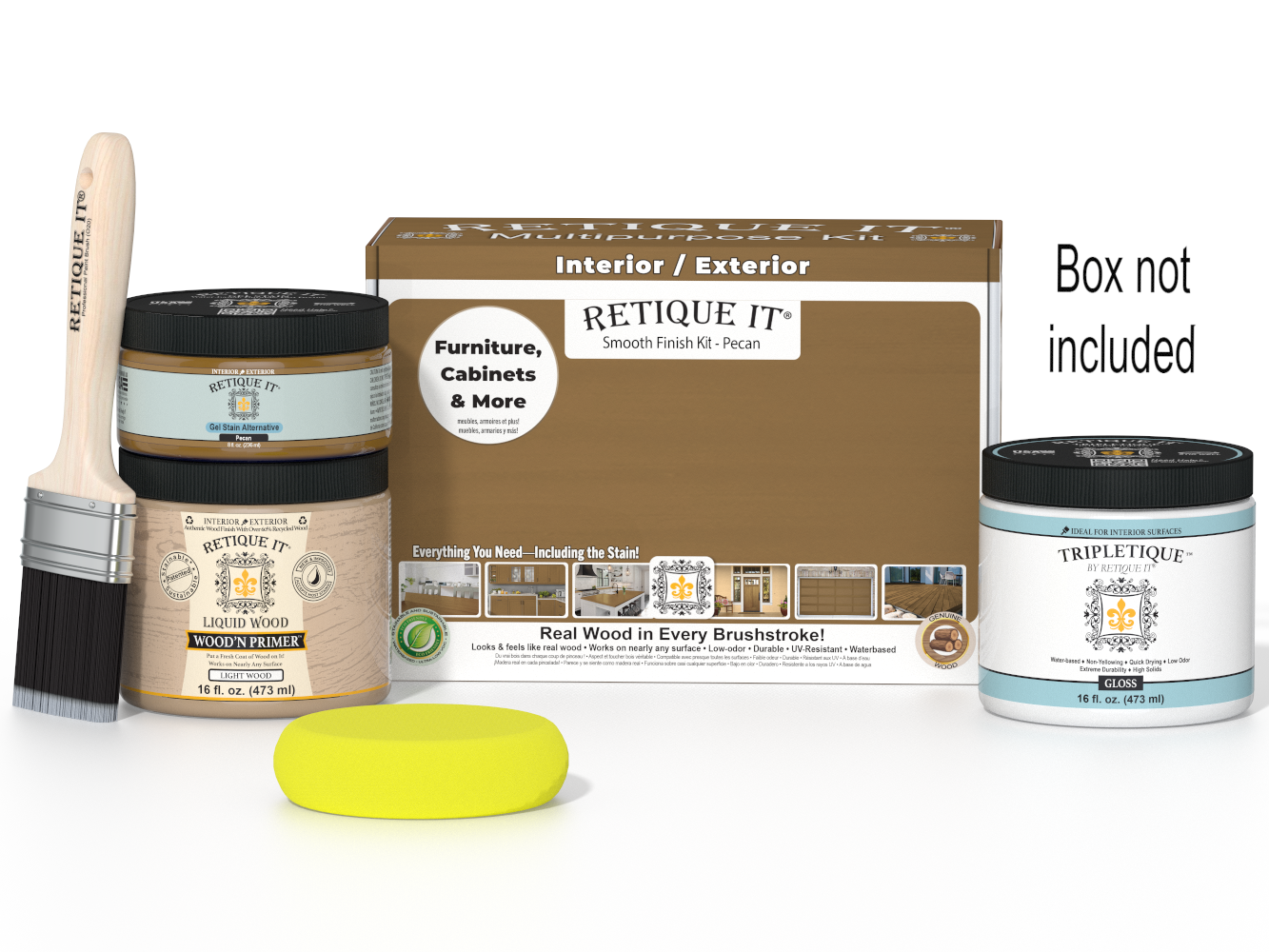 Wood finish kit with paint, brush, and packaging on a white background