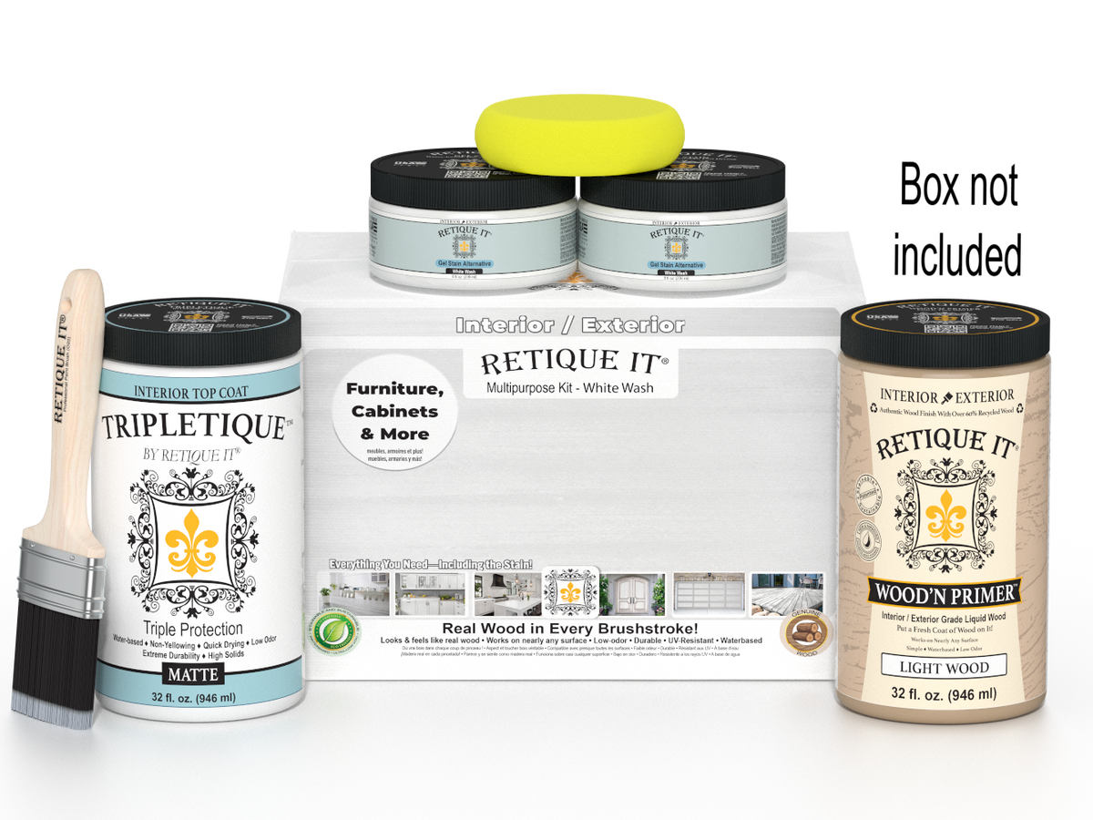 Painting supplies including jars of paint, a brush, and a box labeled 'Retique It' on a white background.