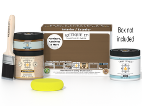 Painting kit with paint, brush, and packaging on a white background