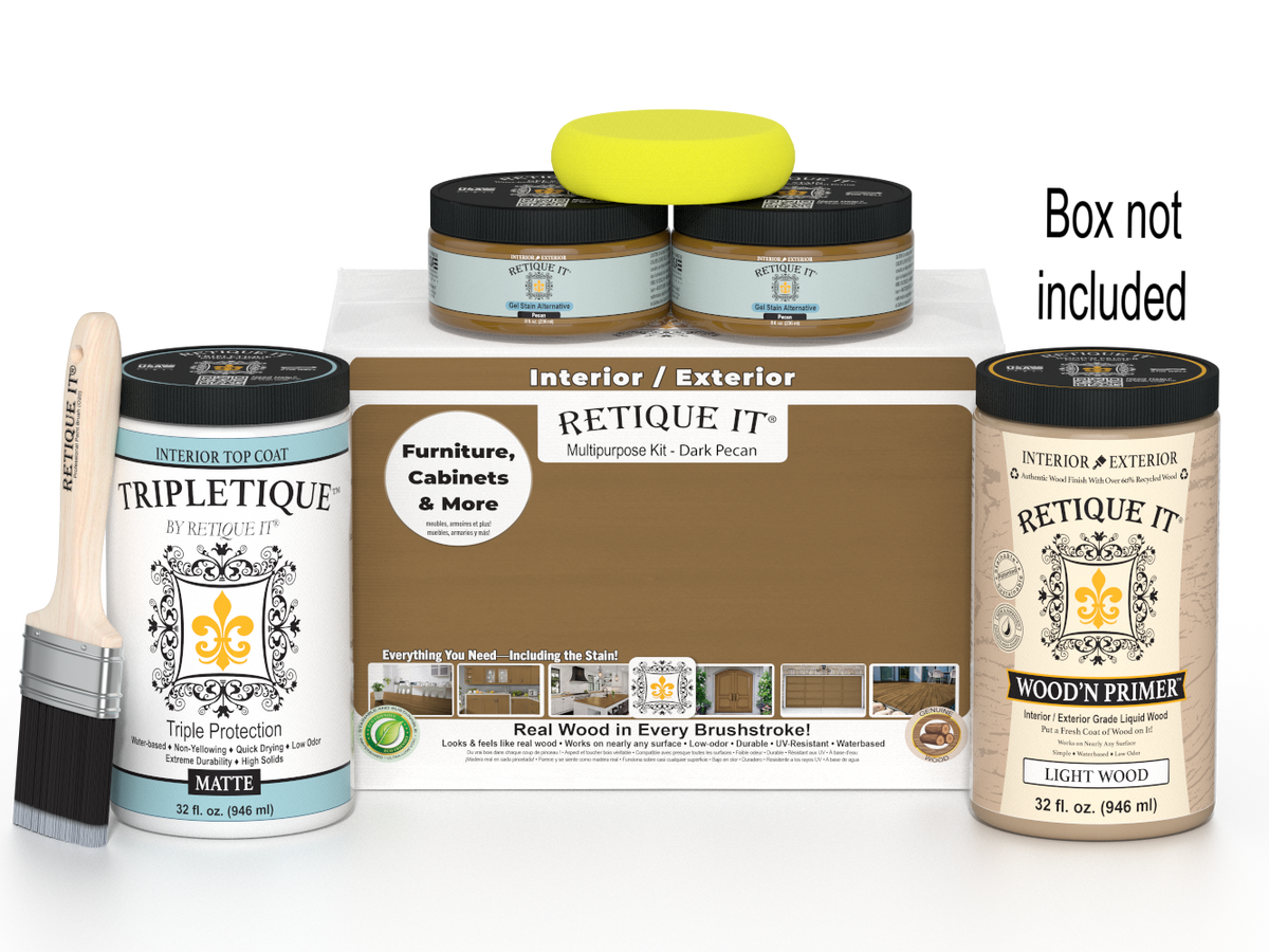 Painting supplies including jars, a brush, and packaging labeled 'Retique It' on a white background.