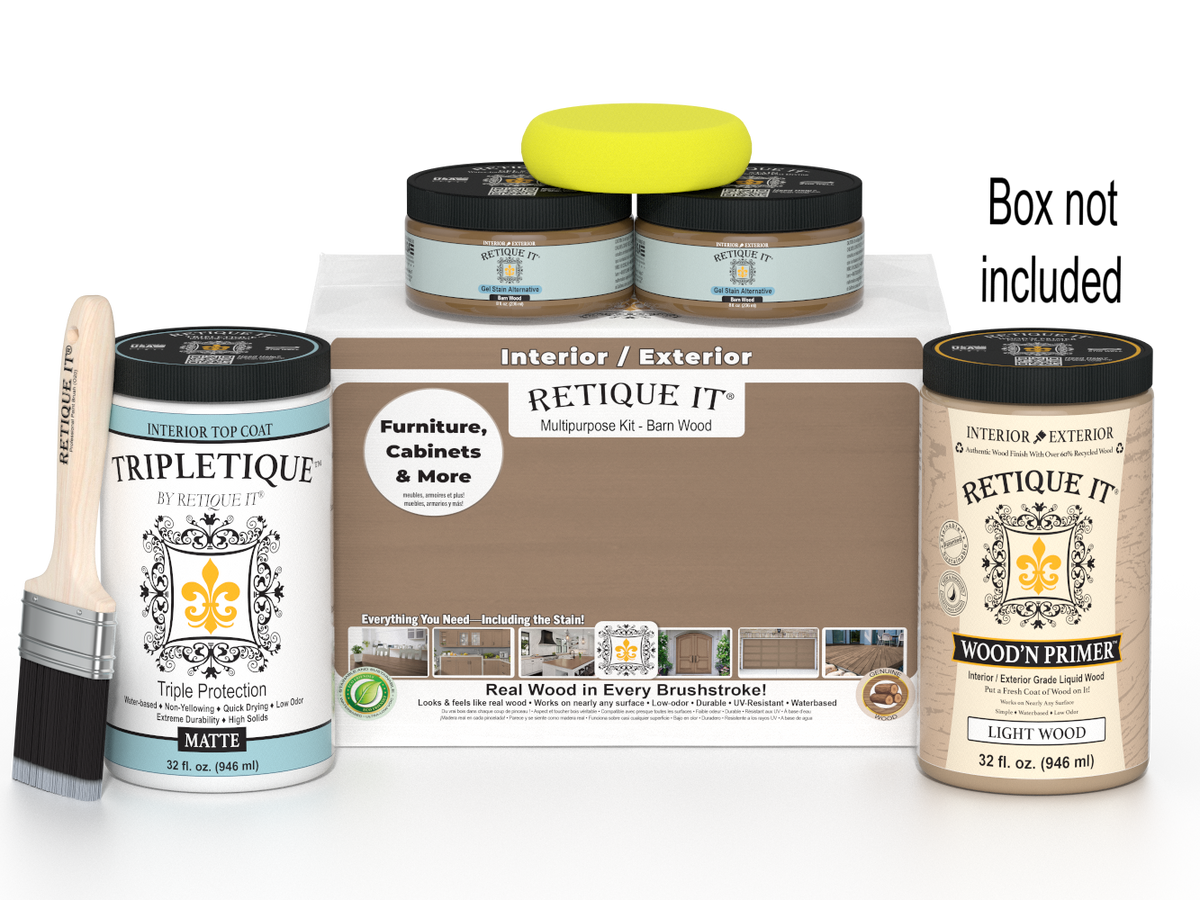 Painting supplies including paint cans, a brush, and a box labeled 'Retique It' on a white background.