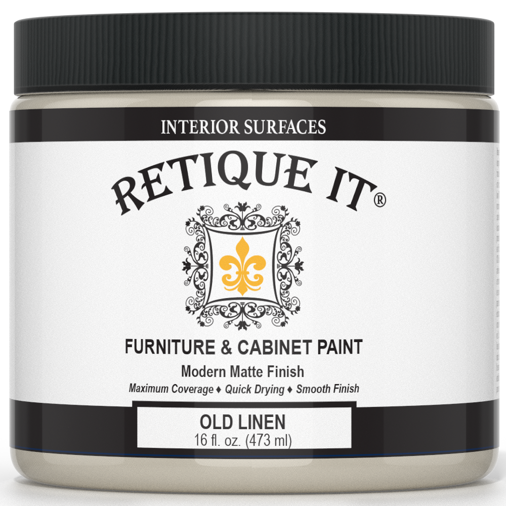 Jar of Retique It furniture and cabinet paint with black lid and label.