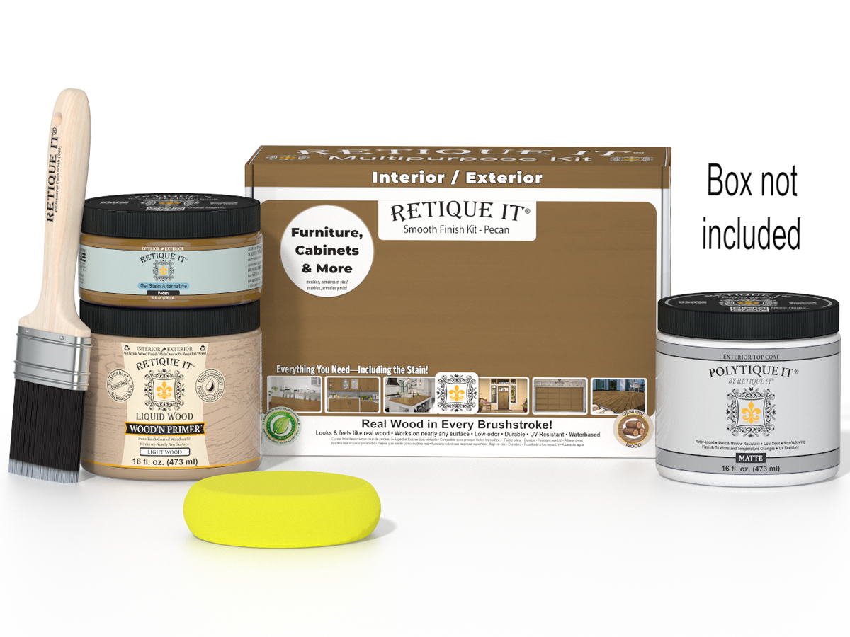 Wood finish kit with paint, brush, and packaging on a white background