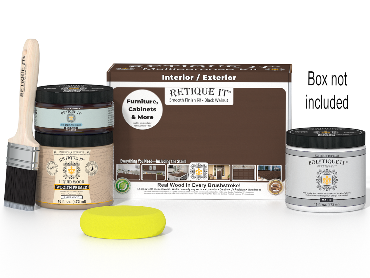 Painting kit with paint, brush, and box labeled 'Retique It' on a white background