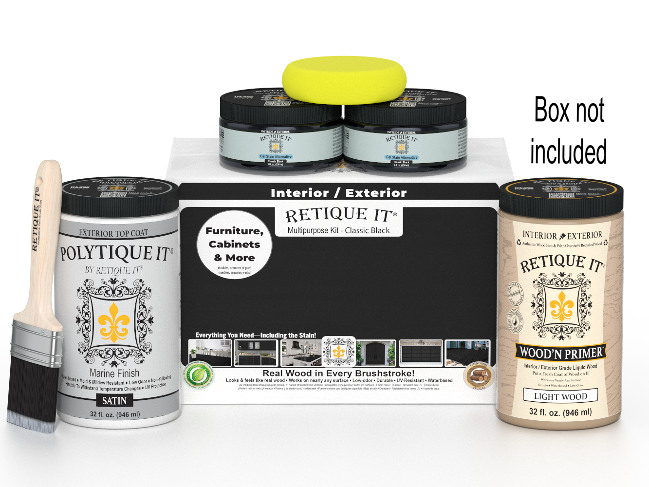 Painting supplies including jars, a brush, and a box labeled 'Retique It' on a white background.