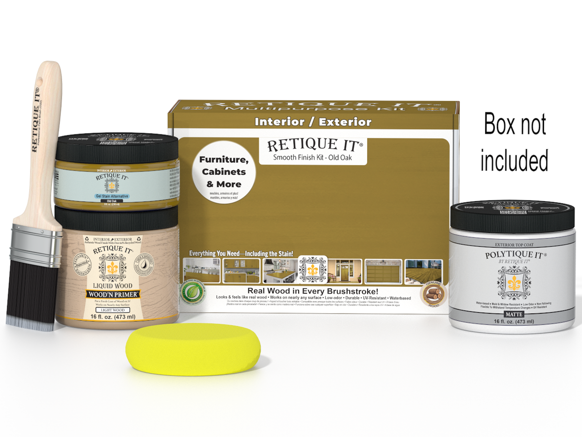 Retique It furniture care kit with paint, brush, and soap on a white background