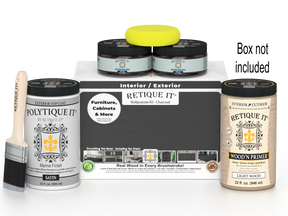Retique It paint kit with cans, a brush, and packaging on a white background