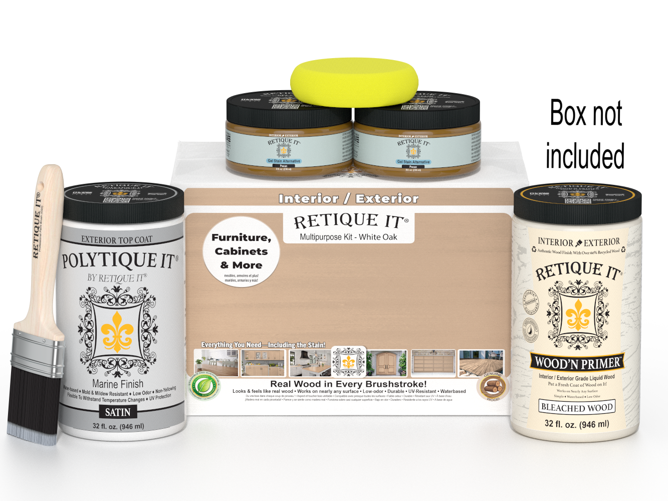 Painting supplies including jars, a brush, and packaging labeled 'Retique It' on a white background.