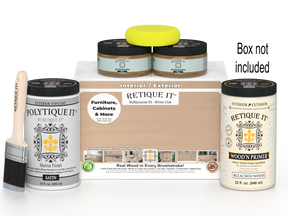 Painting supplies including jars, a brush, and packaging labeled 'Retique It' on a white background.