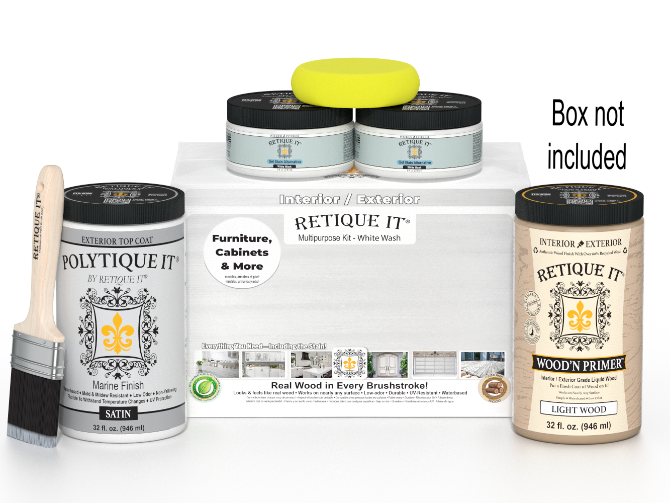 Collection of paint cans and a brush with 'Retique It' branding on a white background.