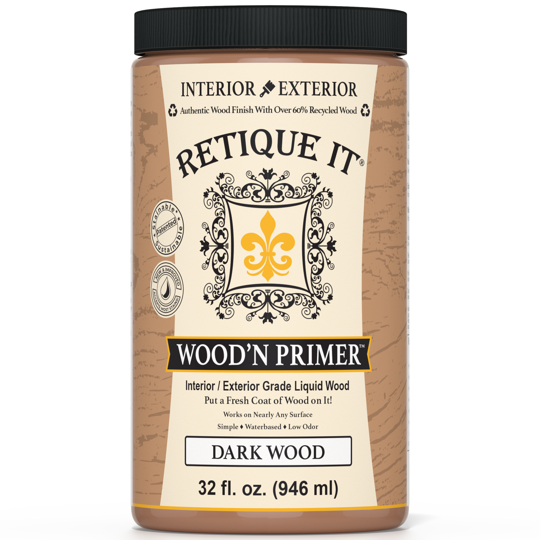 Wood primer bottle labeled 'Retique It Wood'n Primer' on a white background