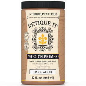 Wood primer bottle labeled 'Retique It Wood'n Primer' on a white background