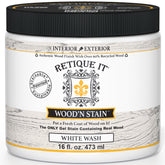 Retique It Wood'n Stain White Wash stain applied on wood surface, showcasing a light, weathered finish for furniture or decor.