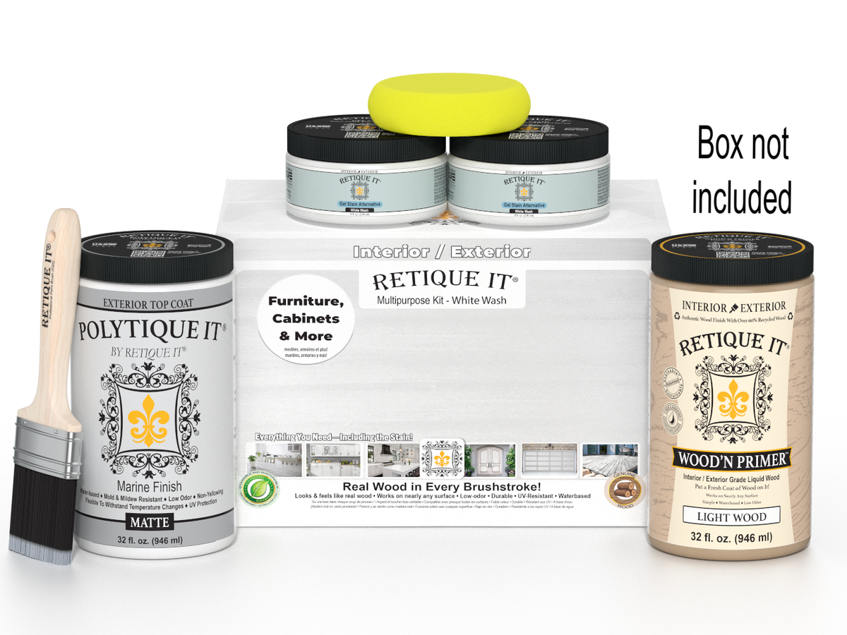 Painting supplies including cans, a brush, and packaging on a white background