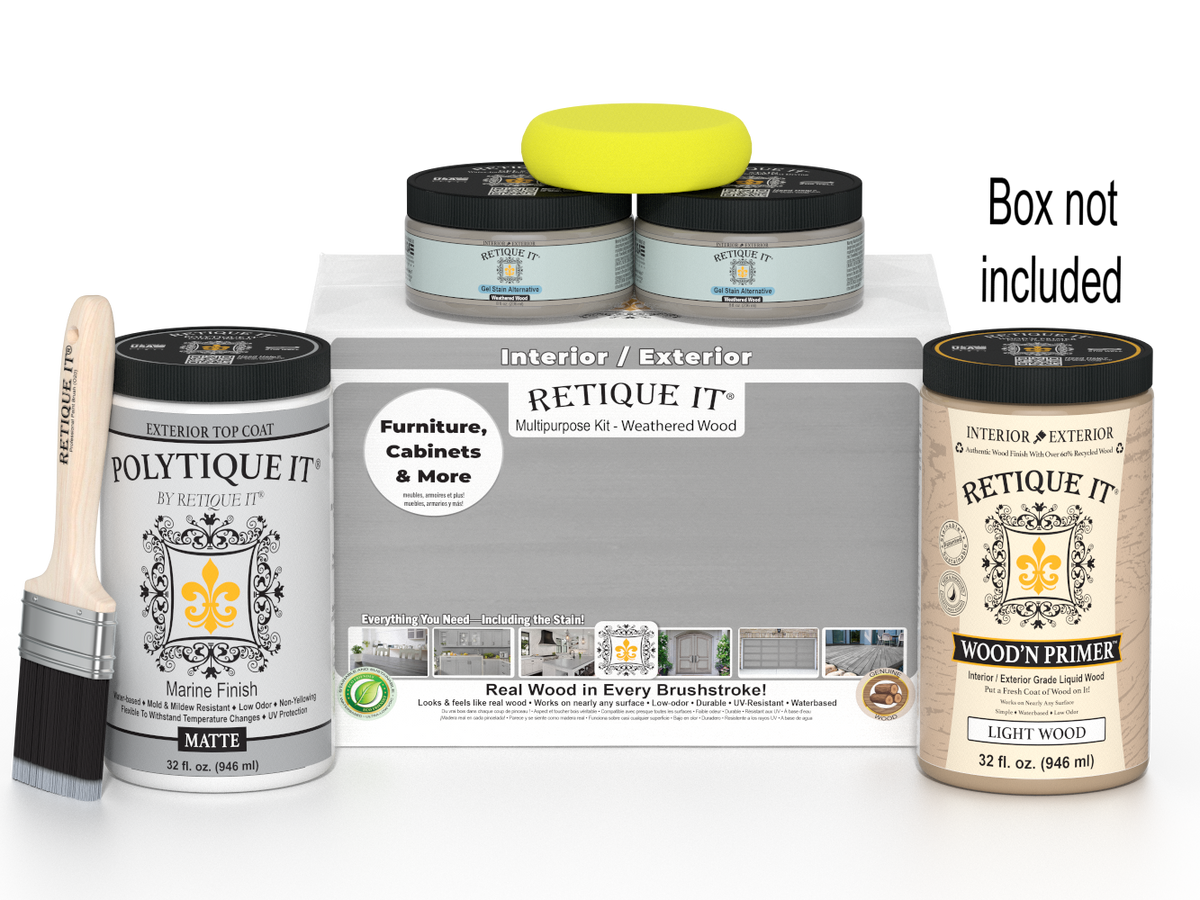 Painting supplies including cans, a brush, and packaging on a white background