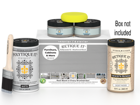 Painting supplies including cans, a brush, and packaging on a white background