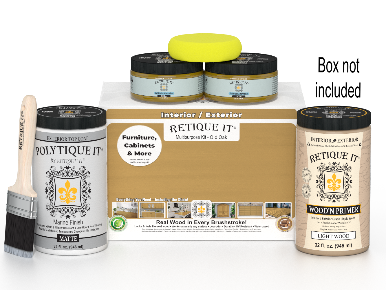 Painting supplies including jars, a brush, and a box labeled 'Retique It' on a white background.