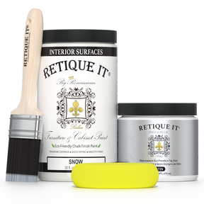 Retique It by Renaissance Snow furniture and cabinet paint with polyacrylic top coat, paintbrush, and yellow applicator sponge.