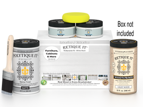 Painting supplies including cans, a brush, and packaging on a white background